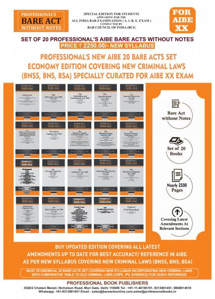 PROFESSIONAL'S NEW SYLLABUS ECONOMY EDITION Bare Acts without Notes for AIBE as per BCI Guidelines- New & Updated Set of 20 Books covering latest amendments like Constitution Jan Vishwas Mediation Data Protection includes New Criminal Laws (BNSS BNS BSA)