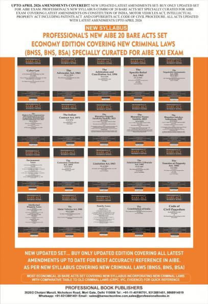 PROFESSIONAL'S NEW SYLLABUS ECONOMY EDITION Bare Acts without Notes for AIBE as per BCI Guidelines- New & Updated Set of 20 Books covering latest amendments like Constitution Jan Vishwas Mediation Data Protection includes New Criminal Laws (BNSS BNS BSA)