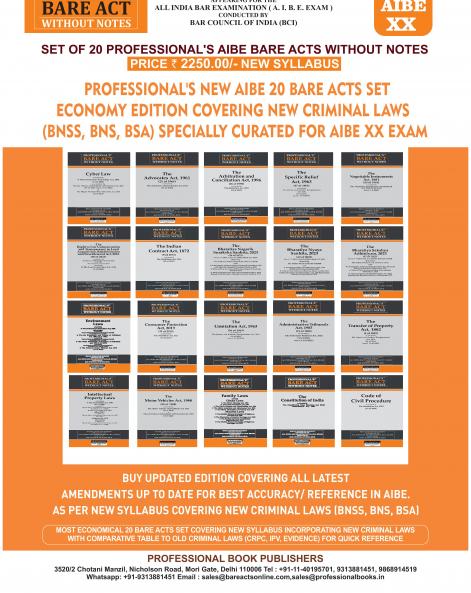 PROFESSIONAL'S NEW SYLLABUS ECONOMY EDITION Bare Acts without Notes for AIBE as per BCI Guidelines- New & Updated Set of 20 Books covering latest amendments like Constitution Jan Vishwas Mediation Data Protection includes New Criminal Laws (BNSS BNS BSA)