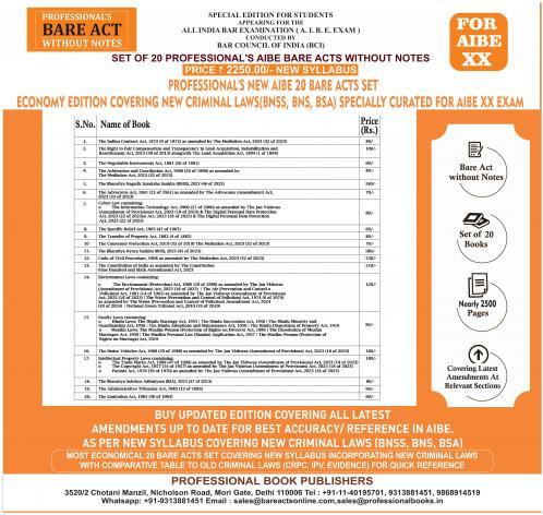 PROFESSIONAL'S NEW SYLLABUS ECONOMY EDITION Bare Acts without Notes for AIBE as per BCI Guidelines- New & Updated Set of 20 Books covering latest amendments like Constitution Jan Vishwas Mediation Data Protection includes New Criminal Laws (BNSS BNS BSA)