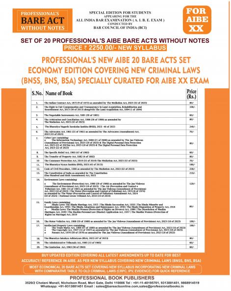 PROFESSIONAL'S NEW SYLLABUS ECONOMY EDITION Bare Acts without Notes for AIBE as per BCI Guidelines- New & Updated Set of 20 Books covering latest amendments like Constitution Jan Vishwas Mediation Data Protection includes New Criminal Laws (BNSS BNS BSA)