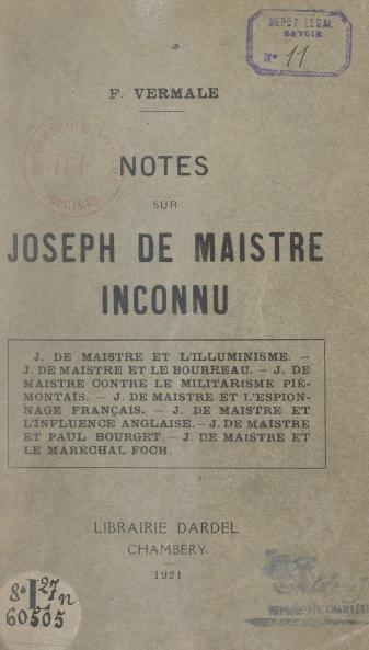 Notes Sur Joseph De Maistre Inconnu Volume
