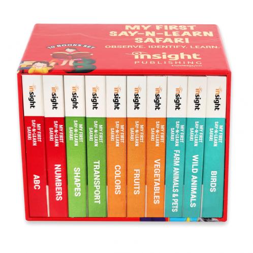 MY FIRST SAY-N-LEARN SAFARI-Set of 10 Books set - Book on ABC Numbers Shapes Transport Colors Fruits Vegetables Farm Animals & Pets Wild Animals & Birds Board book