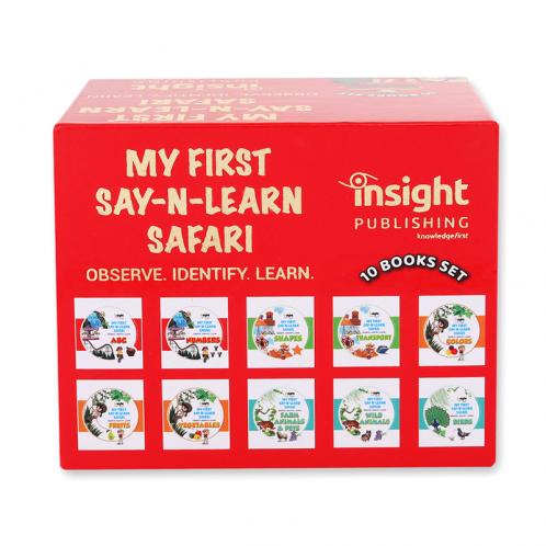 MY FIRST SAY-N-LEARN SAFARI-Set of 10 Books set - Book on ABC Numbers Shapes Transport Colors Fruits Vegetables Farm Animals & Pets Wild Animals & Birds Board book