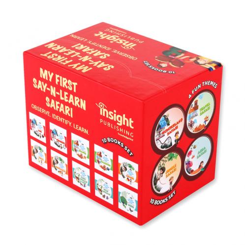 MY FIRST SAY-N-LEARN SAFARI-Set of 10 Books set - Book on ABC Numbers Shapes Transport Colors Fruits Vegetables Farm Animals & Pets Wild Animals & Birds Board book