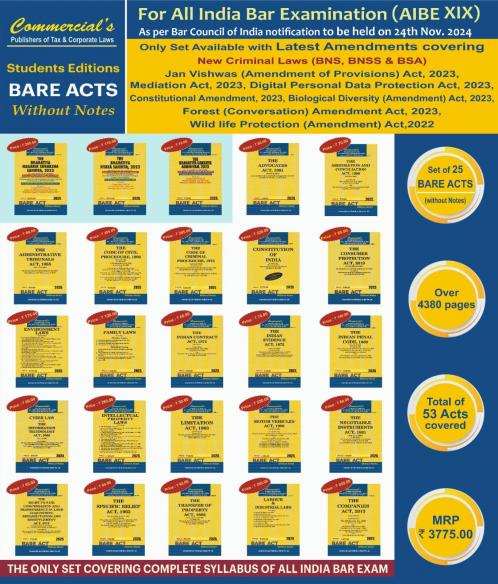 COMMERCIAL'S AIBE Exam combo of 25 Bare Acts without Notes as per Bar Council of India New Syllabus for AIBE XIX Exam Covering New Criminal Laws (BNS BNSS BSA)