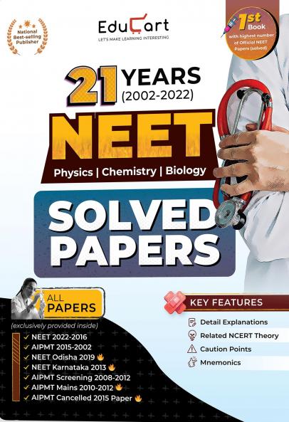 Educart NEET 21 Years Solved Papers 2003-2023 (Physics Chemistry and Biology) for 2024 Exam (with NCERT Related theory & Mnemonics introduced)