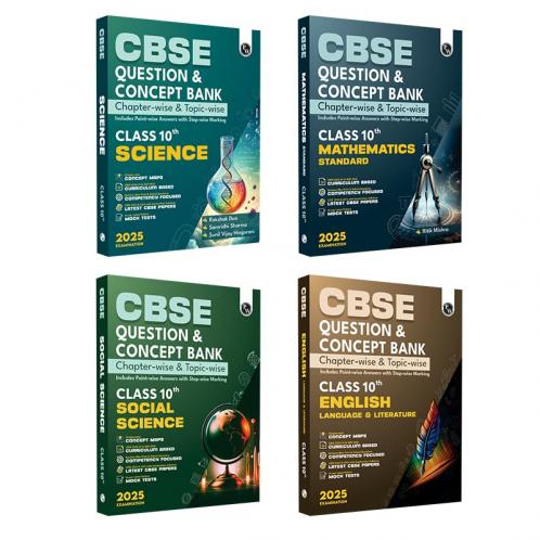 PW CBSE Question and Concept Bank (QCB) Class 10 Science Mathematics (Standard) Social Science and English Language & Literature Combo Set of 4 Books For 2025 Board Exams
