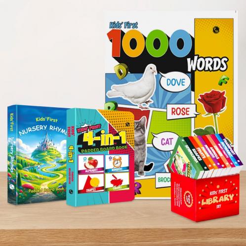 PW Kids' First Library Box Set of 10 Board Books + Kids' First Nursery Rhymes Padded Board Book + Kids' First 4 in 1 Padded Board Book + My First 1000 Words Book l Combo Gift Set of 4 1 to 3 Years