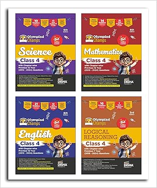 Combo Class 4 (set of 4 books) Olympiad Champs Science Mathematics English & Logical Reasoning with Chapter-wise Previous 12 Year (2013 - 2024) Questions