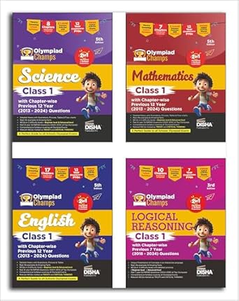 Combo Class 1 (set of 4 books) Olympiad Champs Science Mathematics English & Logical Reasoning with Chapter-wise Previous 12 Year (2013 - 2024) Questions 5th Edition