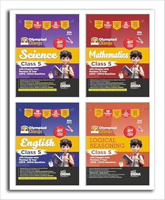 Disha Combo Class 5 (set of 4 books) Olympiad Champs Science Mathematics English & Logical Reasoning with Chapter-wise Previous 12 Year (2013 - 2024) Questions
