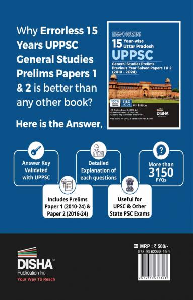 Errorless 15 Year-wise Uttar Pradesh UPPSC General Studies Prelims Previous Year Solved Papers 1 & 2 (2010 - 24) 6th Edition | UPPCS PYQs Question Bank
