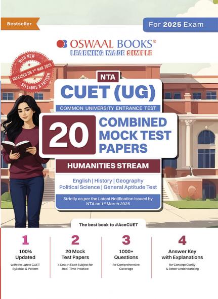 Oswaal NTA CUET (UG) 20 Combined Mock Test Papers Humanities Stream (English History Geography Political Science General Aptitude Test) For 2025 Exam │ With New Syllabus & Pattern