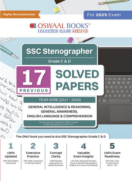 Oswaal SSC (Staff Selection Commission) | Stenographer Grade C & D | 17 Previous Solved Papers | Year-wise | 2017 to 2024 | For 2025 Exam