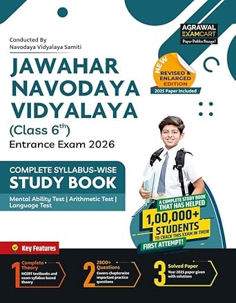 Examcart Jawahar Navodaya Vidyalaya (JNV) Class 6th Complete Study Guidebook with 2800+ Questions & Solved Paper for Entrance Exam 2026 (English Medium)