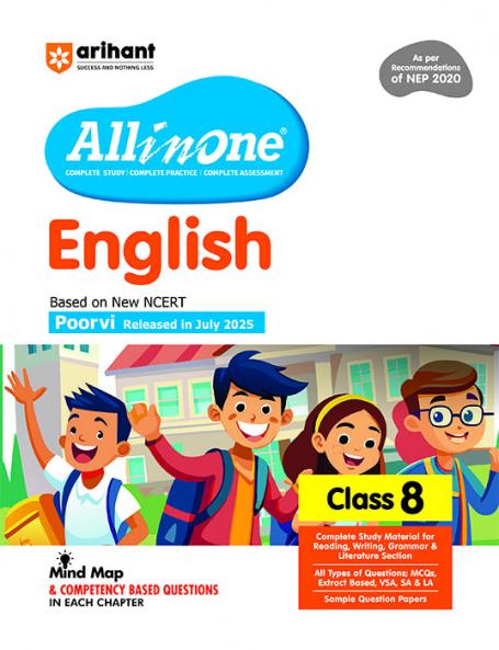 Arihant All in One English Class 8 Book 2025 | NCERT Textbook Based Poorvi | As per NEP 2020 | Complete Study Grammar Literature & Writing with Mind Maps Competency Based Questions & Sample Papers | English Medium