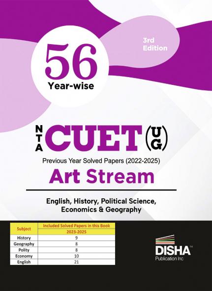 Disha 56 Year-wise NTA CUET (UG ) Previous Year Solved papers (2022 - 2024) - Arts Stream - English History Political Science Economics & Geography 3rd Edition