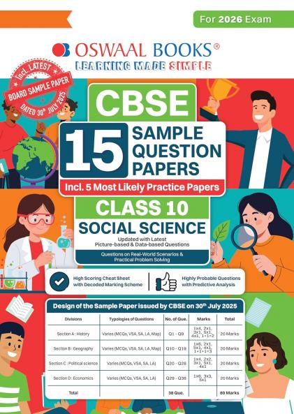Oswaal CBSE 15 Sample Question Papers Class 10 Social Science for 2026 Board Exam (As per CBSE Sample Question Paper issued on 30 July 2025) recommended by 2025 CBSE Toppers with Chapter wise Highly Probable Questions includes 5 Most Likely SQPs & all types of CBQs