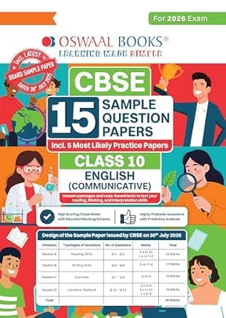 Oswaal CBSE 15 Sample Question Papers Class 10 English Communicative for 2026 Board Exam (As per CBSE Sample Question Paper issued on 30 July 2025) recommended by 2025 CBSE Toppers with Chapter wise Highly Probable Questions includes 5 Most Likely SQPs & all types of CBQs