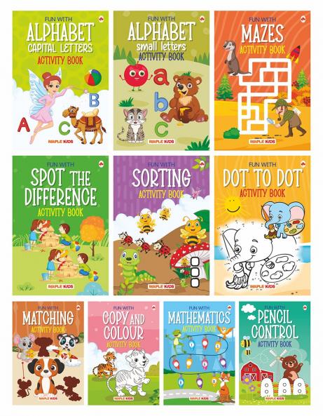 Brain Booster Activity Book Set (Set of 10 books) (Colourful Pages) - 3 Years to 5 Years Old - Learn and Practice ABC Capital and Small Letters Mazes Spot the Difference Pencil Control Dot to Dot Mathematics - Fun Early Learning