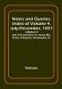 Notes and Queries Index of Volume 4 July-December 1851 : A Medium of Inter-communication for Literary Men Artists Antiquaries Genealogists etc.